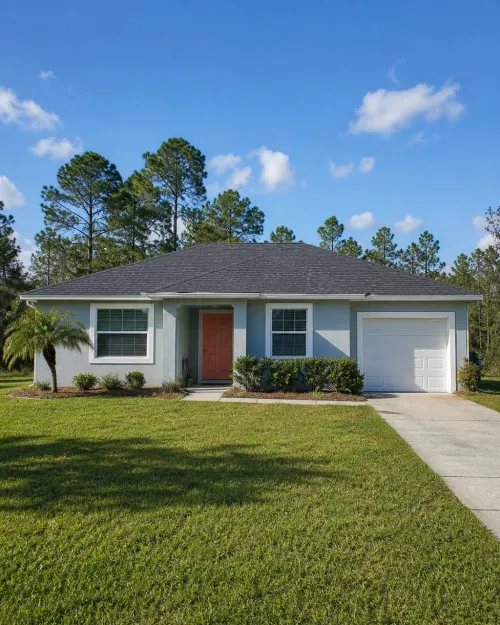 AI-generated illustration of a blue-gray Florida ranch with pine trees for the Hernando County service area