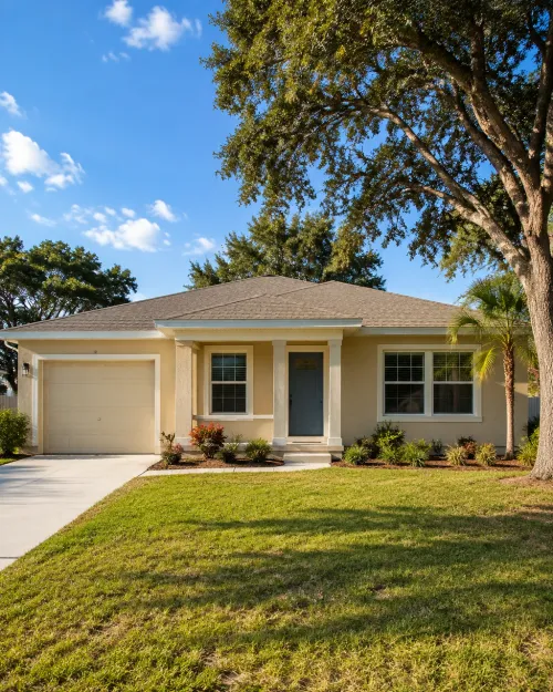 AI-generated illustration of a beige Florida ranch beside a mature oak for the Manatee County service area