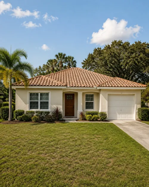 AI-generated illustration of a cream Florida home with a terracotta tile roof for the Sarasota County service area