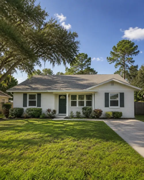 AI-generated illustration of a white brick Florida home with green shutters for the Seminole County service area