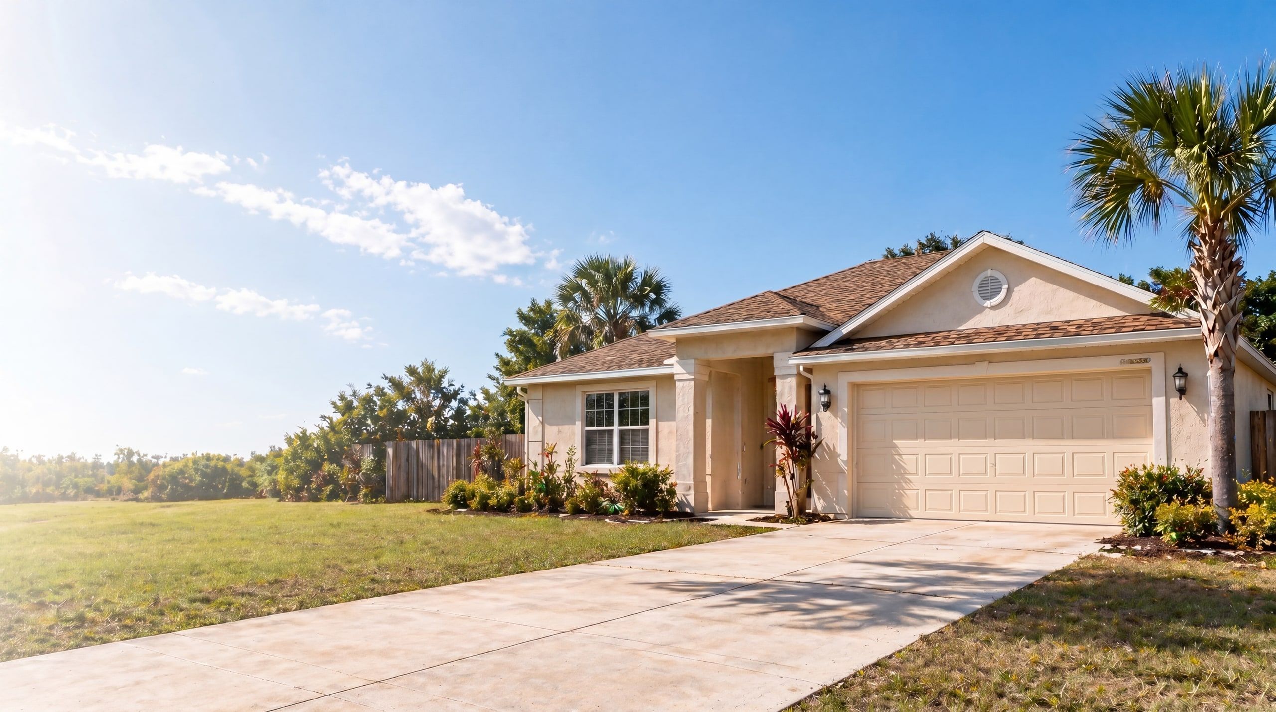 Florida single-family home with palm trees and a two-car garage under a clear blue sky